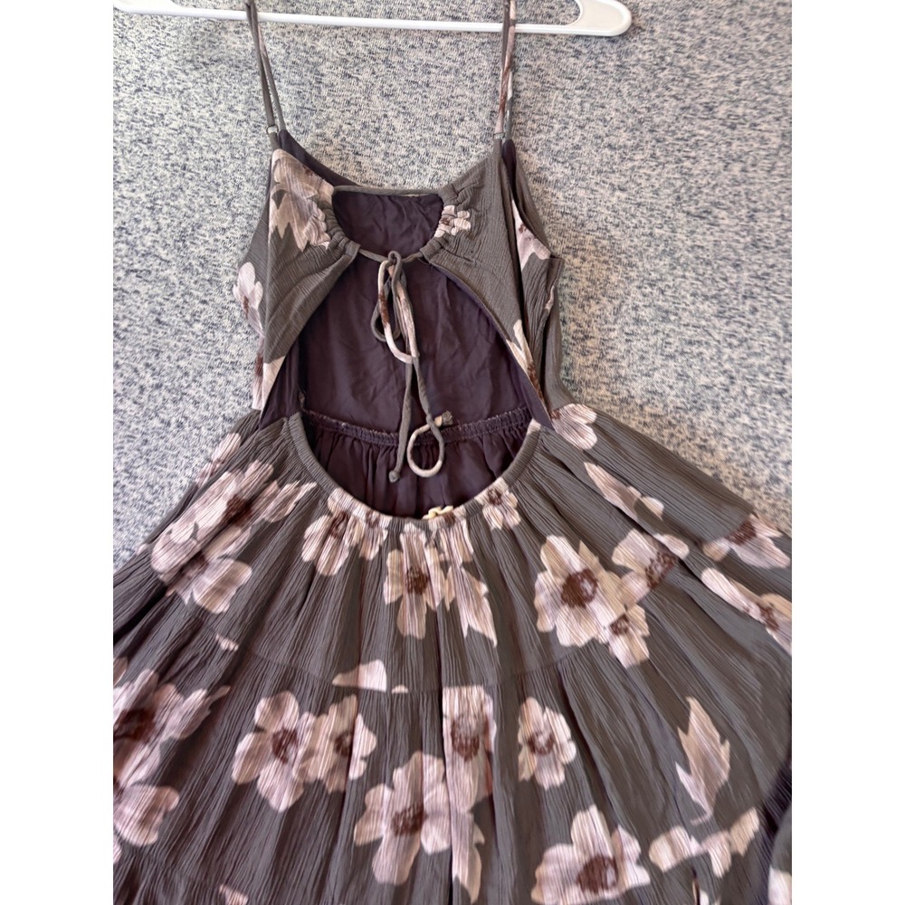 By Together Mini Dress Women Small Grey Floral Open Back Tiered Crinkle Gauze